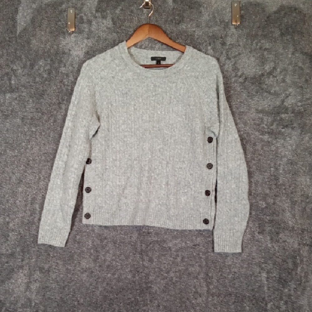 J. Crew Wool Blend Heather Gray Cable Knit Sweater With Side Buttons Sz Small